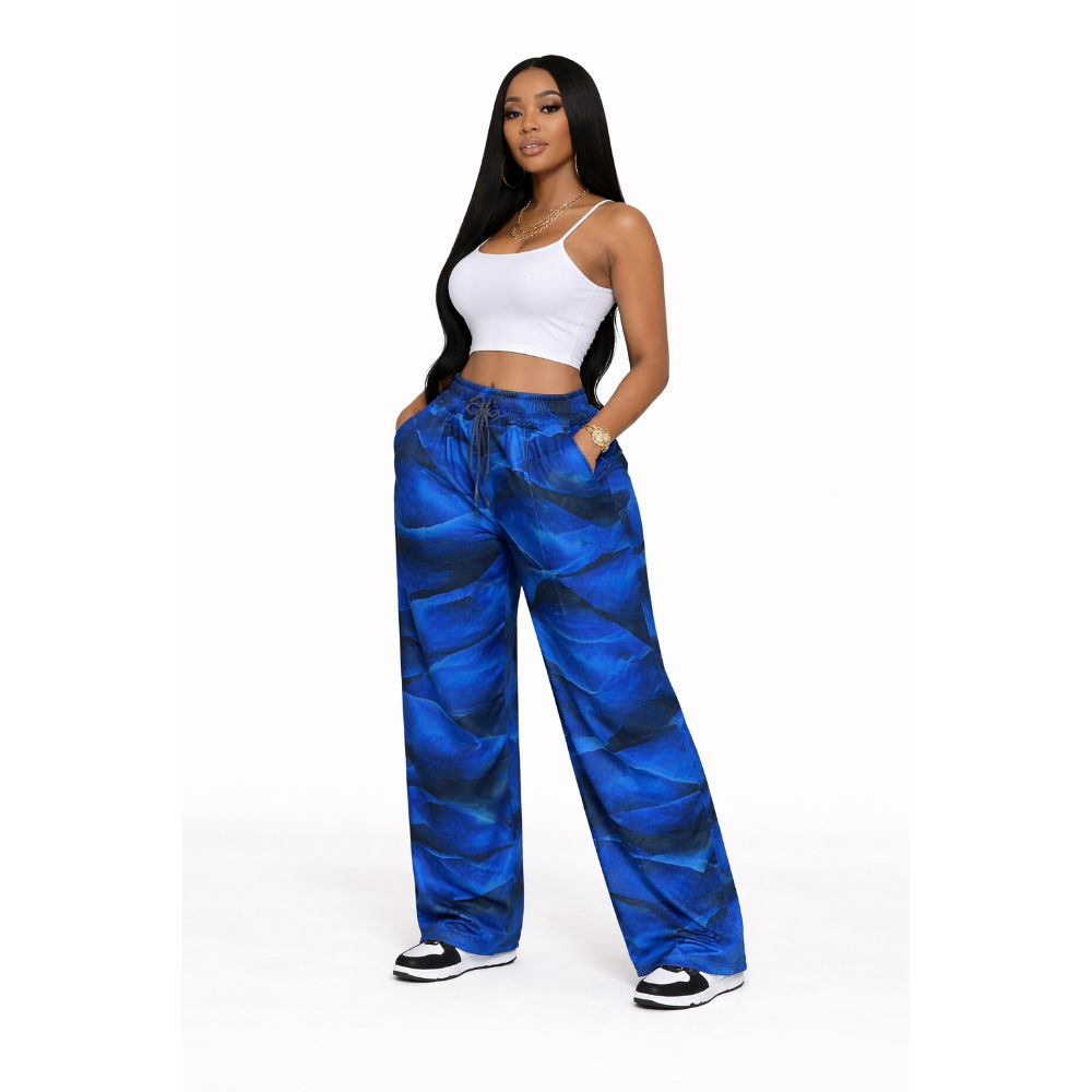 Blue Printed WideLeg Pants Drawstring Waist Casual Trousers